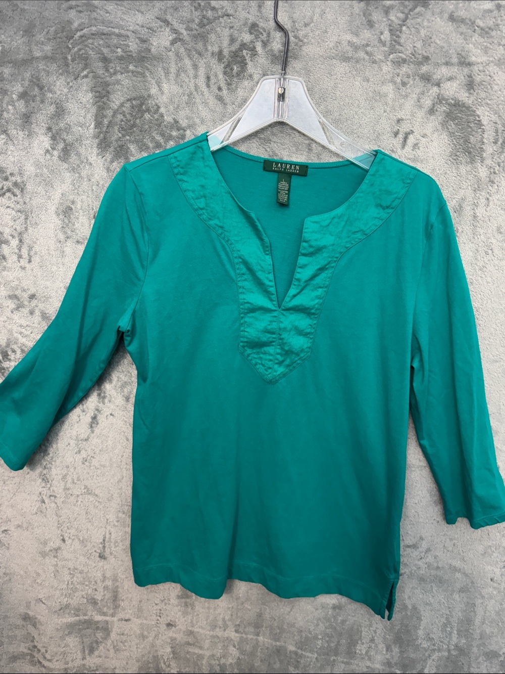 Lauren Ralph Lauren Green vneck 3/4 Sleeve Tunic Top cotton pullover
